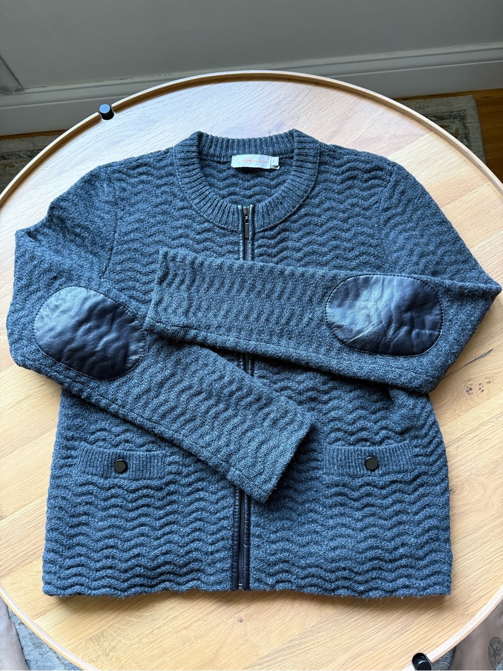 Tory Burch Quilted Wool Zip Cardigan with Elbow Patches - Gray